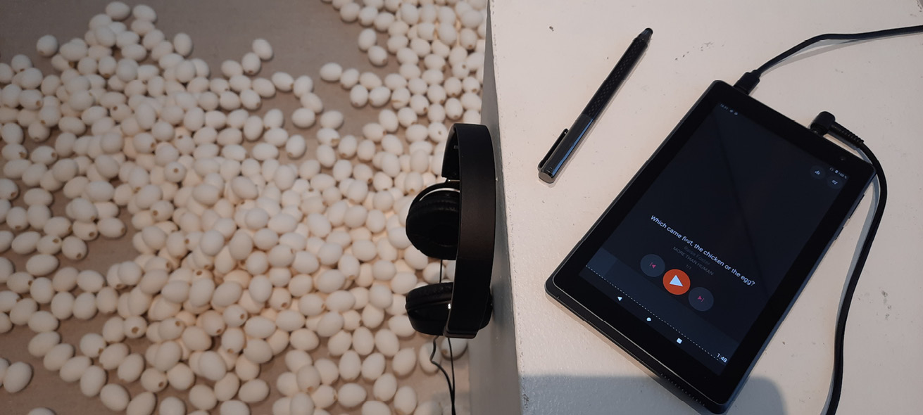 The photo of the installation is taken from above. On the right side of the image, there is a black pen on a white stand and a tablet with the text “Which came first, the chicken or the egg?” Below the text is a red play icon. In the middle of the image, there are black headphones hanging on the side of the stand. On the left side of the picture, you can see white eggs on the floor. The eggs cover the floor almost completely.