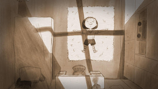 A brownish/sepia illustration from the ‘Ghost Trains’ story, which shows a young girl lying on the floor carpet in the middle of the room. The girl has short hair, and she is wearing dark shorts, a light t-shirt, and striped socks. The sunlight lits the room and the girl is smiling. On the left-hand side of the room, there is a bed with a pillow and a blanket. In front, there is a desk. On the right-hand side, a radio is placed on the shelf.