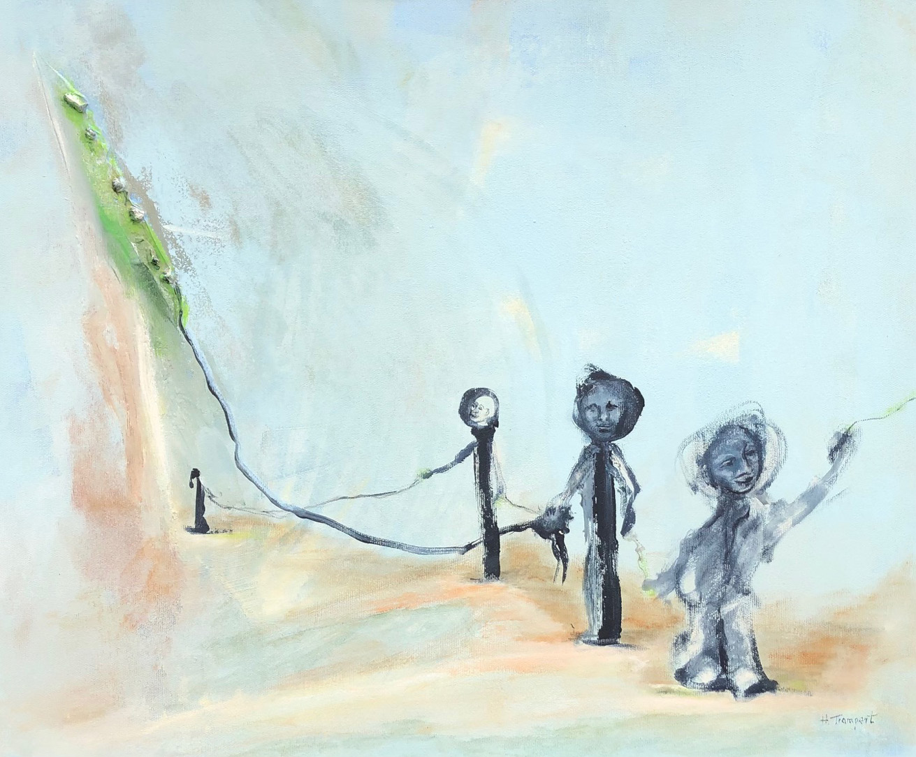 A painting with a light blue gray background. Standing on sandy ground (on the right side) are three figures with realistically painted faces. The figure in the middle holds in its right hand a rope, which leads to the left of the picture and ends at a green stripe. Visible to the left and standing in the background is the second figure, tethered via a thin thread to the third figure situated in the front.
