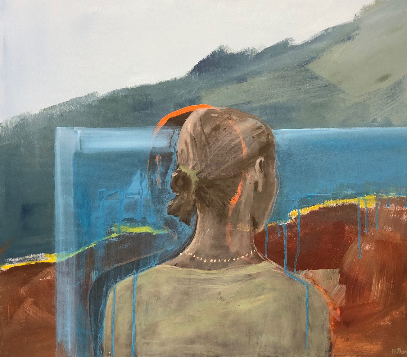 A light grey sky is painted in large brush strokes in the background. Visible in the foreground is the back of a woman’s head as well as her upper back. The woman’s hair is tied behind her ears; she wears a necklace and looks toward the East. The outline of a second person, a woman, appears painted with orange paint strokes around the girl. The woman looks toward the West. The girl appears to be viewing a yellow topped mountain range, in front of which a light blue area appears that flows over her left shoulder.