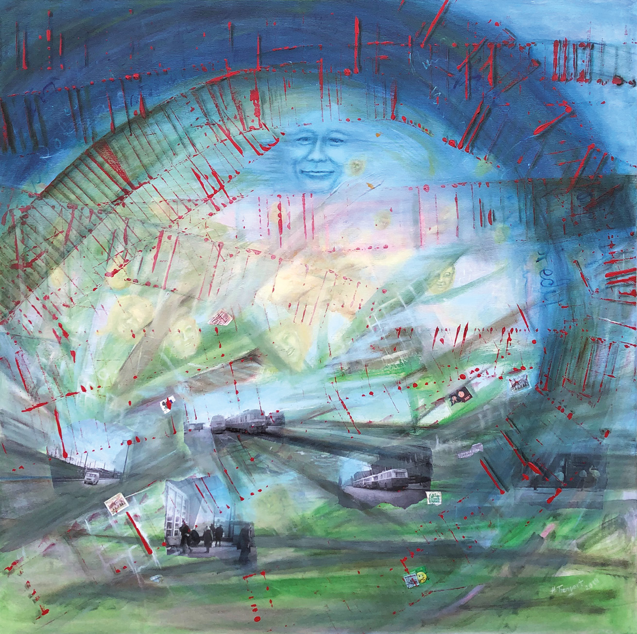 A square painting, a collage in blue, green, red, and light pink hues. It depicts a dark blue circle; in it, at the top, one finds a smiling face. Pasted within the circle are photographs of trains, streets, cars, and traveling people. Distributed at the top of the painting are red lines, which appear to be rails.