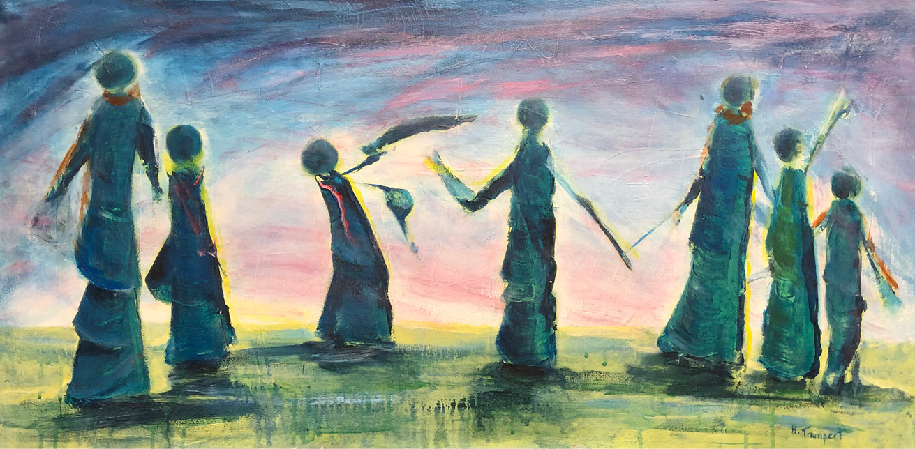 A horizontal picture shows seven women in long dresses. The women have their backs turned to the viewer and walk on the blue and yellow hill. In the background is the blueish pink sky. Three of the women point their hands forward. The scarf of one of the women moves gently in the wind.