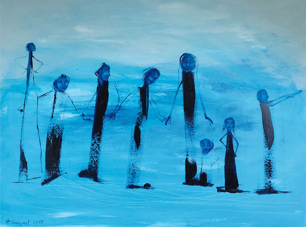 The picture has a light blue background with eight dark blue figures standing next to each other. The figures have realistically drawn faces, and stick figures as their bodies and hands. The figures are of different sizes and ages, and look in different directions. The hands of most of them are touching.