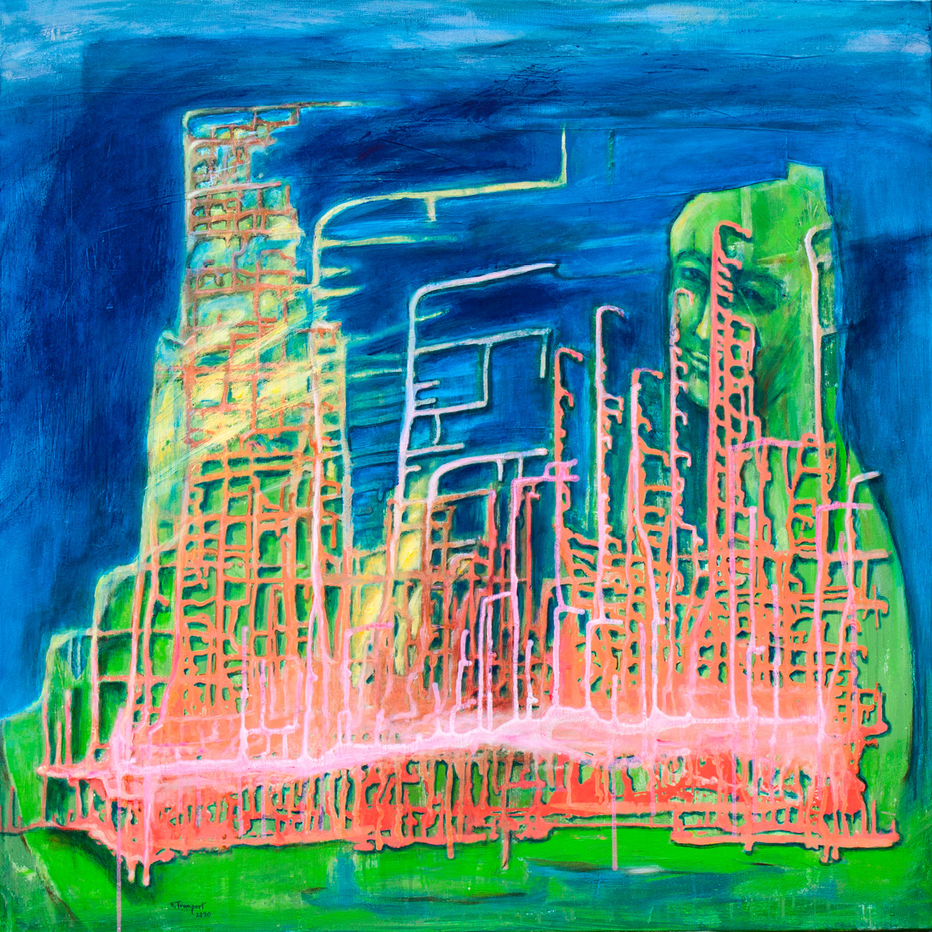 A square picture with a strong blue background. Visible is a smiling face on intensely light green color. Flowing onto the green area are peachy, orange, and pink colors. The colors suggest a city, lights, electric trains, or something which is about to disintegrate.