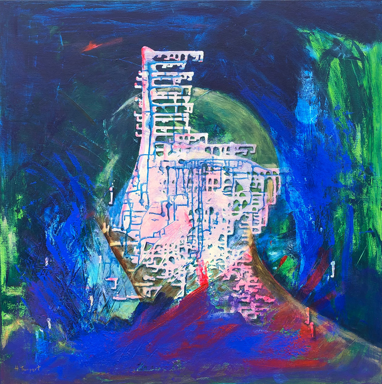 A square picture with a strong blue background and slightly light green on its left and right borders. In the middle appears a large head and neck silhouette. The face is covered by a gradient of white, light, pink, and light blue color. At the bottom of the painting are a few red brushstrokes.