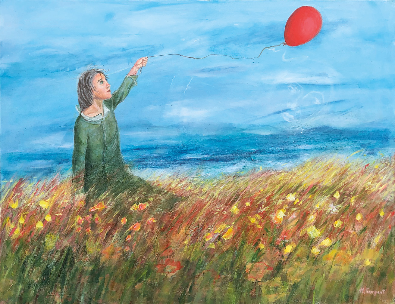 On a green meadow with yellow and red flowers stands a girl of approximately 12 years of age. She is wearing a green dress with a light collar and buttons on the front. The girl’s left hand is stretched out and holds a red balloon on a string. The girl has shoulder-long hair and looks at the balloon. The right hand disappears in the tall grass. Above the meadow is a blue sky with white clouds. Below the balloon, there is a slight suggestion of a large face watching the girl from the sky above.