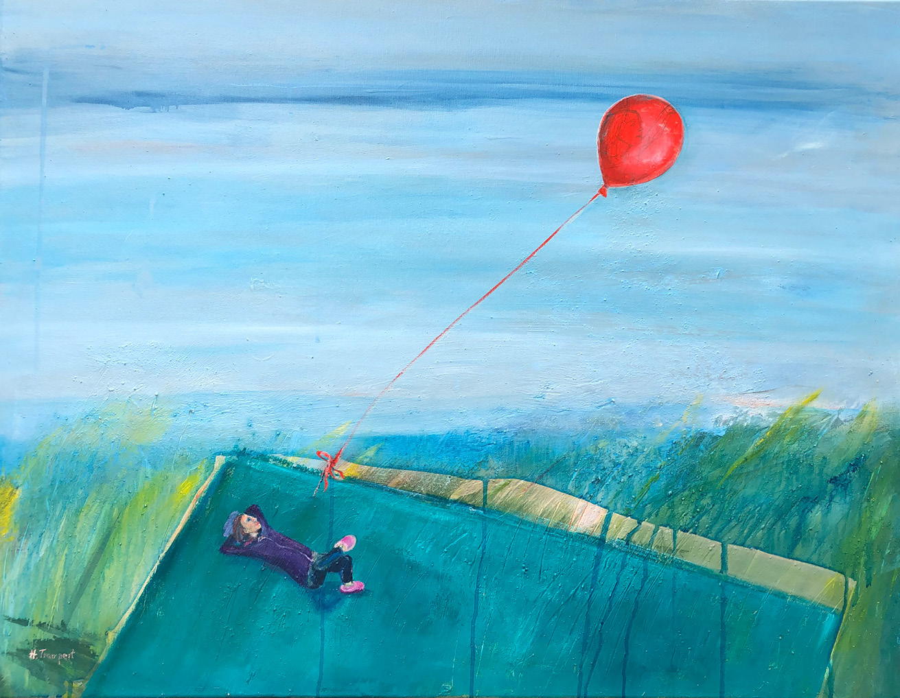 Light and dark blue stripes appear in the background. Those could be representing the sea or the sky. In the lower part of the picture, a girl is lying on her back on an emerald green blanket. She is about 18 years of age and is wearing a zippered lilac sweater, blue pants, and pink shoes. Her right leg is folded over the left, her hands crossed below her head. A red balloon is floating above, tethered to the edge of the blanket. The girl seems relaxed, and is looking in the direction of the balloon, on which a pencil-drawn face of a girl is visible.