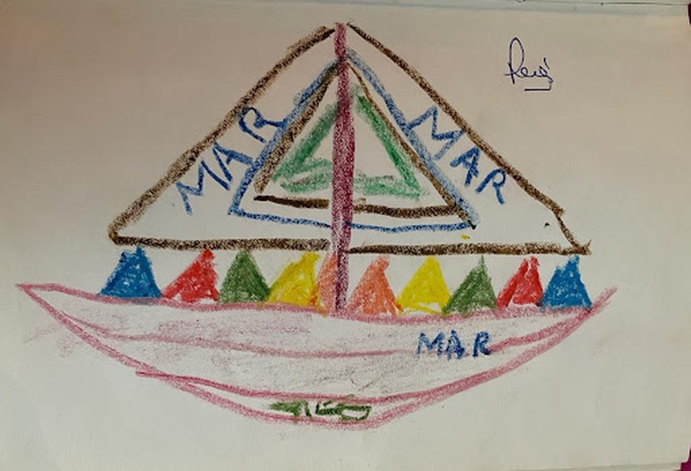 Drawing of a side view of a boat with two wings. The lines are simple and were made with colored crayons. The caskett is drawn in rose, and has the word “sea” in it. The wings are drawn in brown and have smaller triangles in green, blue and brown; the word “sea” is written in both wings. There are triangles of different colors on the boat. The drawing has a signature on the upper right.