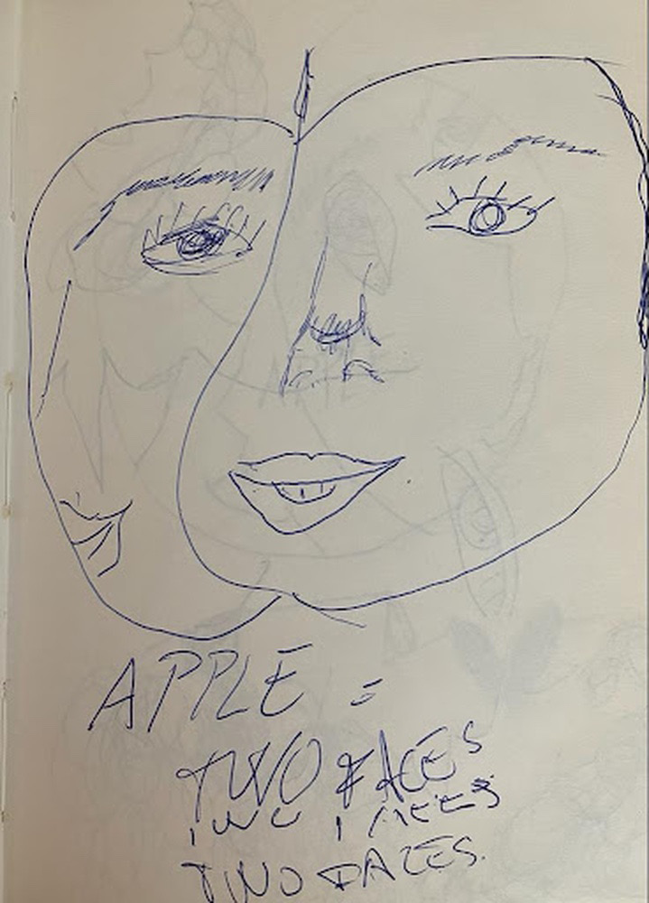 Drawing of an apple with two half.faces inside it, made with a pen. One half face is looking to the front, with a clearly defined eye, eyebrow, nose and mouth.The look seems curious and attentive.The other half is less defined; the face is looking to the side, but the eye looks to the front and the face seems to be smiling. The faces seem feminine, because of the marked eyebrows and the smal mouth. Below the apple there are some words in four rows that decrease in size and definition. The first row has APPLE,the second row TWO FACES, the third row repeats TWO FACES cut in half, and the four has TWO FACES again.