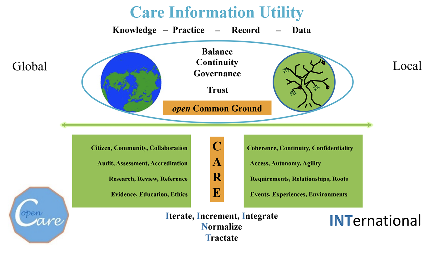 A presentation slide entitled: Care Information Utility. The slide illustrates links between ‘Global’ and ‘Local’ care, along with differences that define the two terms.