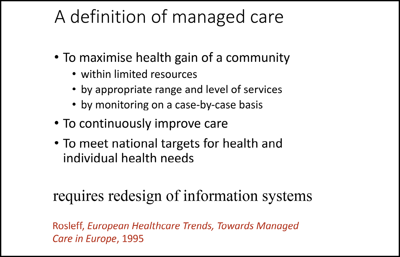 A presentation slide reading: A definition of managed care / To maximise health gain of a community - within limited resources, by appropriate range and level of services, by monitoring on a case-by-case basis / To continuously improve care / To meet national targets for health and individual health needs / requires redesign of information systems (Rosleff, ‘European Healthcare Trends, Towards Managed Care in Europe’, 1995).  |   THIS IS 8.21 IN THE TEXT