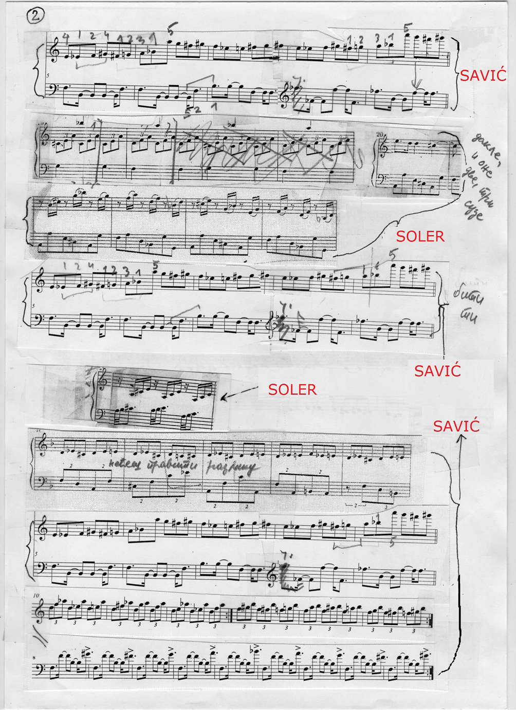 The image contains a photo of the piano music sheets cut from different sources and put together. A performer makes this with the intention to present finding "the right feeling" for the musical piece by combining parts of Savić's original and parts of Soler's score (names of the two composers are indicated in red colour). The first row is a part from Savić the next two from Soler then one from Savić and the last from Soler.