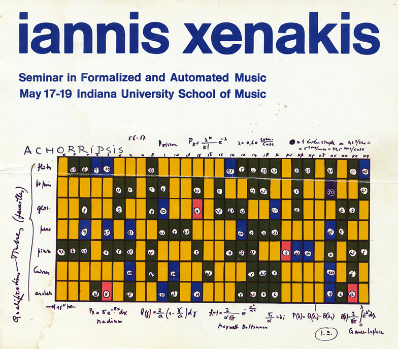 A poster for a seminar by Iannis Xenakis titled “Seminar in Formalized and Automated Music” held at the Indiana University School of Music from May 17-19. The poster features a colorful abstract grid design with handwritten symbols and notations.