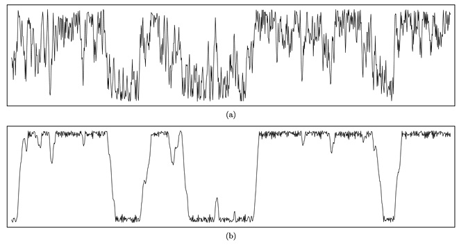 Two line graphs are shown, one above the other. The top graph (a) features jagged, irregular spikes and drops throughout. The bottom graph (b) has larger, more pronounced peaks and valleys with flatter areas in between. Both graphs have labeled axes.
