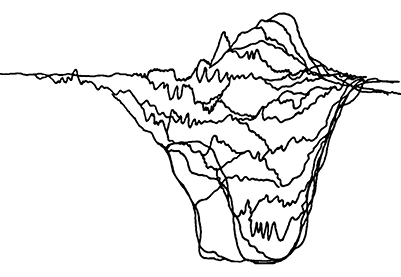 Abstract black line drawing on a white background, featuring multiple interwoven, jagged lines that form an irregular, mountain-like shape toward the right side of the image. The lines appear to converge and diverge, creating a sense of depth and complexity.