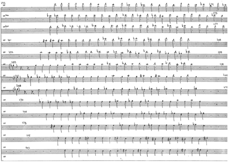 An extract of a music score with thirteen staves without clefs. Each stave contains a succession of quarter notes, un-coordinated across the staves, starting with repeated pitches that gradually begin to shift up and down.