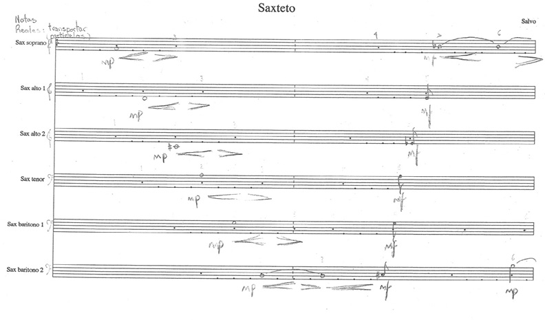 An extract of a music score without barlines for six saxophones including soprano, two altos, tenor and two baritones. Small dots and longer notes mark phrases that move through the instruments from top to bottom and back again.