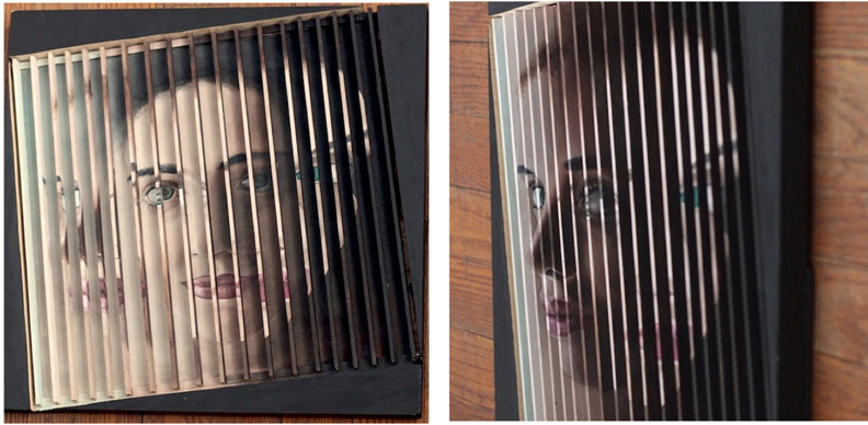 Two images side by side showing a lenticular painting of a woman’s face from two different angles.