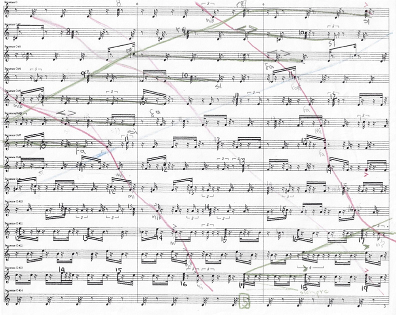 An extract of a music score with fourteen treble clef staves. Each stave shows separated individual notes of short duration. Twelve lines drawn randomly onto the page in coloured crayon connect successions of notes from left to right.