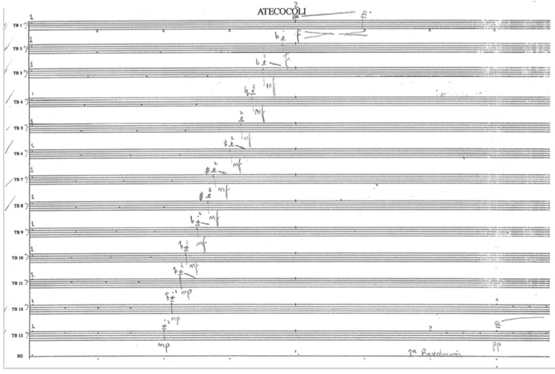 An extract of a music score with thirteen bass clef staves. Each stave contains one note in a succession that rises towards a long note in the top stave. The dynamics also increase from mezzo piano to forte.