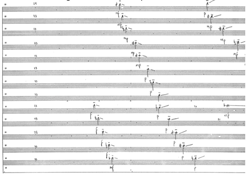 An extract of a music score with thirteen staves without clefs. There are two descending successions of single notes, one from the fifth stave to the bottom and the second from the top stave to the bottom. Each notes is marked with a short glissando.