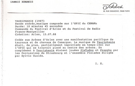 A scan of a document, titled Iannis Xenakis and showing the letterhead of Editions Salabert, Paris. The text contains details of the work Tauriphanie, written in nineteen eighty-seven, including its duration, commissioner, place and date of first performance and the names of the performers.