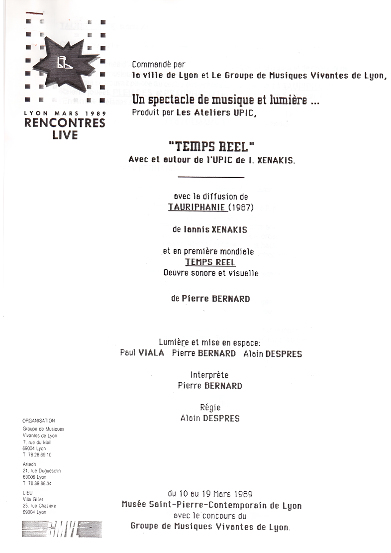 A scan of a programme page from a concert in Lyon in nineteen eighty-nine. The title of the event is Temps Reel, written in French, underneath which are listed the works to be performed and the names of the performers. The logo of the Group de Musiques Vivantes de Lyon is in the bottom left hand corner.