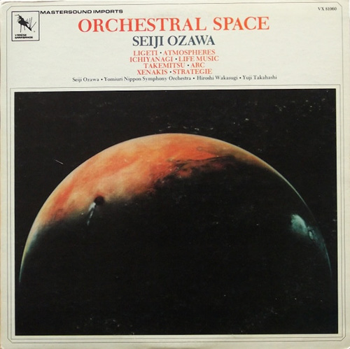 Photo of a record cover entitled Orchestral Space with the names of the performers and the list of works performed under the title. The main image shows a view of the planet Mars with a large part in darkness.