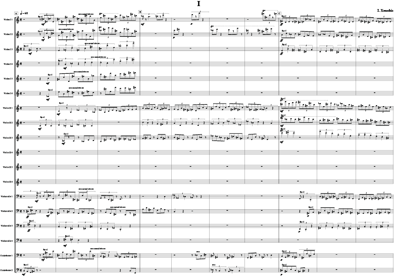 An extract of a music score for string orchestra written on eighteen staves. The music is barred in a la breve time, at the metronome speed half note equals sixty, and the pitch and rhythmic material is complex.