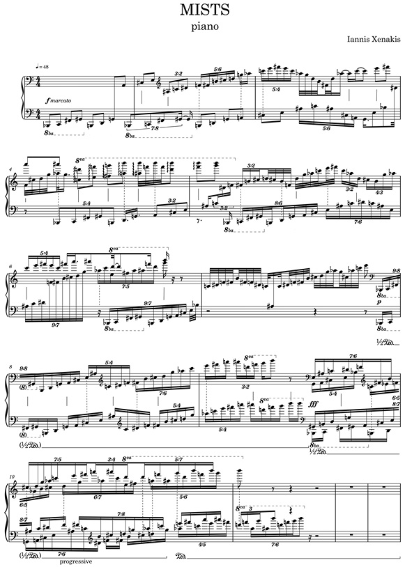 Sheet music titled “Mists” for piano by Iannis Xenakis. The score includes complex arrangements with numerous notes, chords, symbols, and dynamic markings, stretching across several staves. The notation indicates a highly intricate and expressive composition.