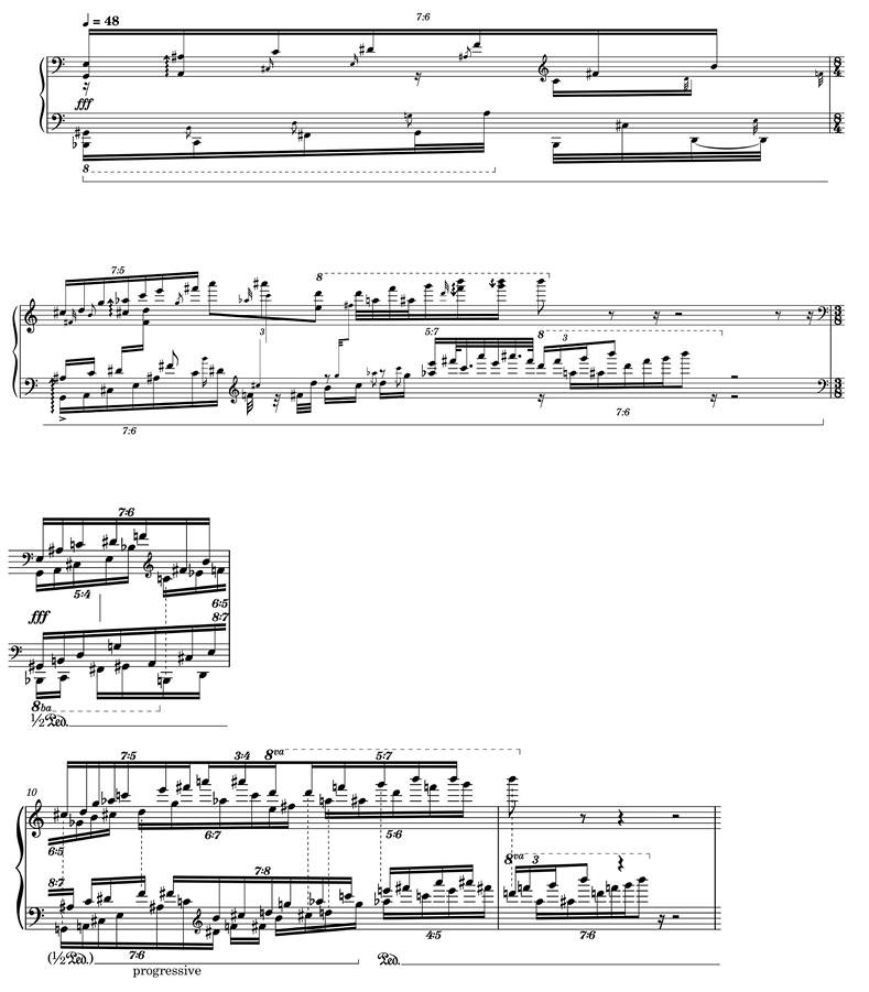 A detailed and complex sheet music composition in standard western musical notation. The score includes multiple staves with various dynamic markings, time signatures, and a wide range of notes and rhythms, indicating a piece for advanced musicians.