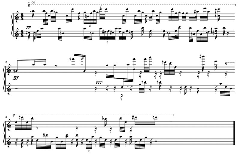 A complex piano sheet music with dense clusters of notes, various dynamic markings, and multiple clefs. The score includes articulations, accidentals, and some use of triplets. The music spans three lines with measures ranging from 66 to 68.