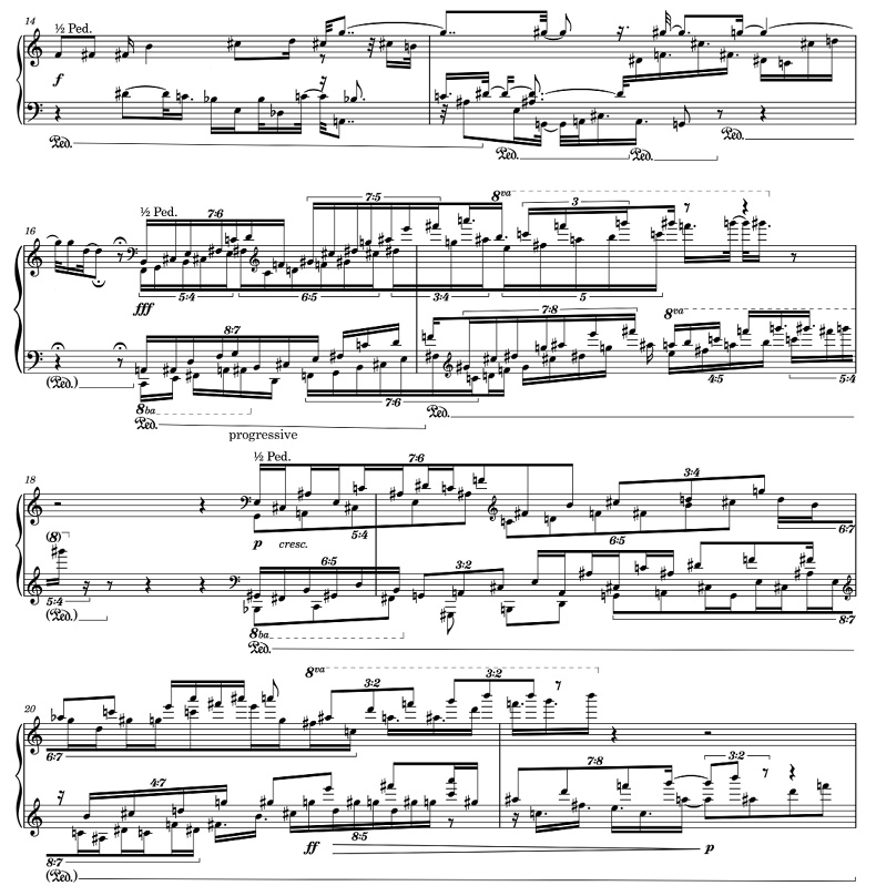 Sheet music displaying complex piano notation with various symbols, dynamic markings, and directional instructions spread over five staves. The music includes notes, rests, ties, and accidentals, indicating a modern, elaborate, and challenging composition.