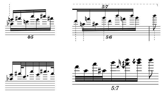 Image of four musical notations, each in its own section. The first shows a 4:5 tuplet, the second 5:7, the third 7:9, and the fourth 5:7. Each section has various combinations of whole, half, quarter, eighth, and sixteenth notes on a treble staff.