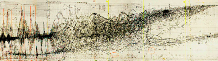 A dense, intricate drawing of overlapping black lines on a beige background, resembling a chaotic wave or tangled thread. The lines vary in thickness and intensity, creating a dynamic, abstract pattern. Colored vertical lines also intersect the depiction.