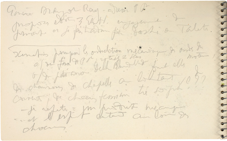 A black-and-white image of handwritten notes in French. The writing is densely packed, with sentences and phrases scattered across the page.