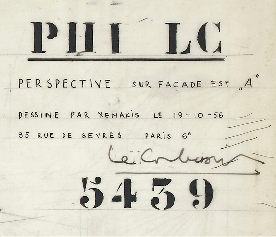 Black and white architectural drawing title block featuring text: “PHI LC,” “PERSPECTIVE SUR FAÇADE EST ‘A’,” “DESSINÉ PAR XENAKIS LE 19-10-56,” address “35 RUE DE SEVRES PARIS 6E”, and signature “Le Corbusier” above the number “5439”.