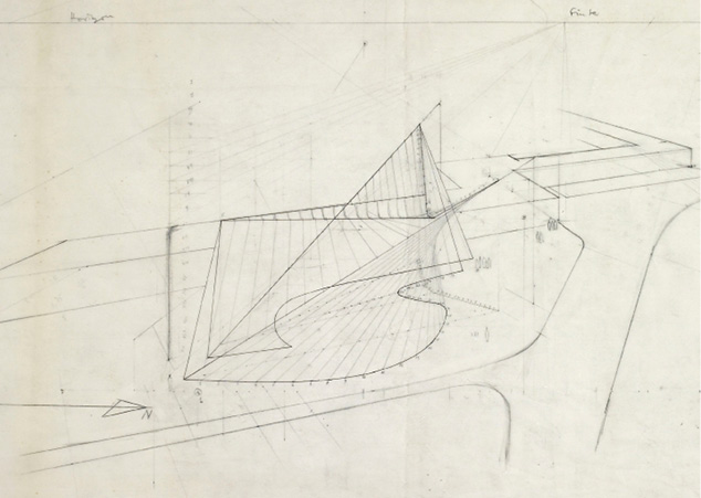 A pencil sketch shows a geometric architectural design with interconnected planes and lines resembling triangular and curved structures. The building is situated on a road plan, and the sketch includes measurements and notations.