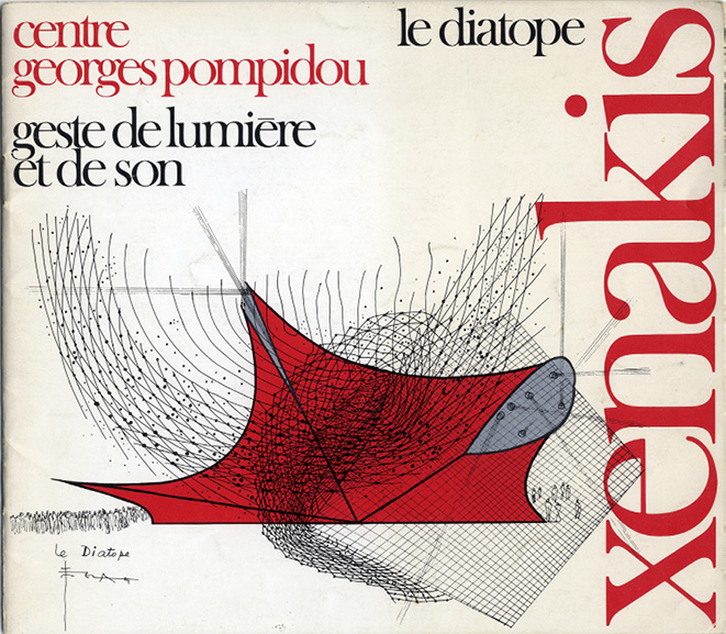 A vintage booklet cover with a red and black abstract illustration of a structure and grid lines. Text reads “centre georges pompidou,” “geste de lumière et de son,” “le diatope,” with “Xenakis” in large vertical red letters on the right.