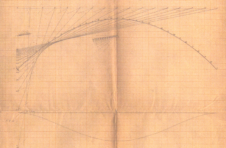 A vintage graph paper sheet displaying a hand-drawn technical diagram with curved and straight lines intersecting. The lines form a complex geometric design, showing multiple plots and measurements. The background features a light grid pattern.