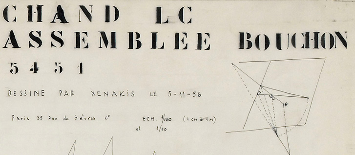 A technical drawing labeled “Chand LC Assemblee Bouchon” with the date 5-11-56 and the name Xenakis. The drawing includes geometrical shapes and measurements. The text also mentions “Paris 35 Rue de Sèvres 6e” and scale “ECH. 1/100 (1cm=1m) et 4/100.