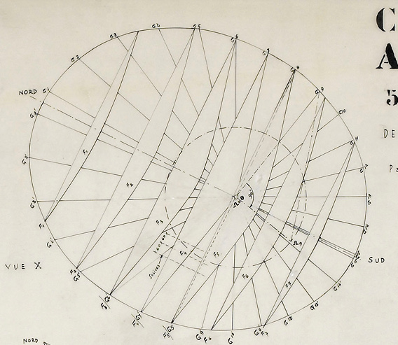An old technical drawing of a geometric design, featuring an elliptical shape divided into various sections with numerous intersecting lines. The letters “G” and “D” are marked at points along the perimeter and within the sections. French labels are also present.