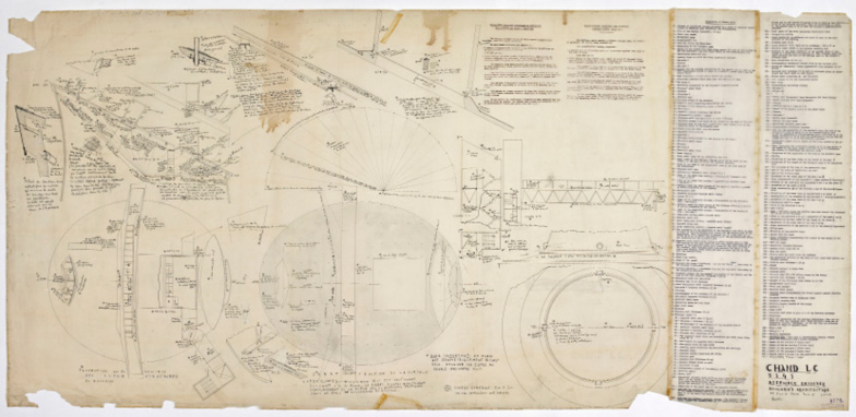 A technical drawing depicting intricate details and measurements, labeled Chad LC 4513. It includes various geometric shapes, circles, angles, and construction instructions in English. There is a color calibration scale and a resolution chart at the top edge.