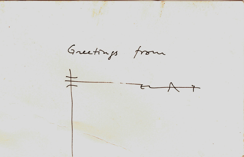A handwritten note on a white sheet of paper with the words “Greetings from” at the top. Below that is an abstract drawing with a vertical line crossed by two horizontal lines on the left, and a wavy line ending in a triangle with a dot on the right, that Xenakis adopted as his signature.