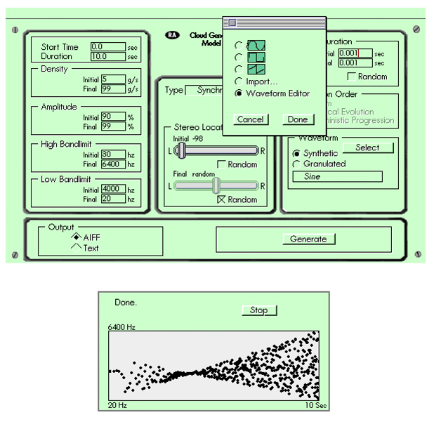 A software interface for sound generation is displayed. The top section shows various adjustable parameters like start time and duration. The bottom section has a graph with data points between 20 Hz to 6400 Hz over time. A pop-up window labeled “Waveform Editor” is also visible.