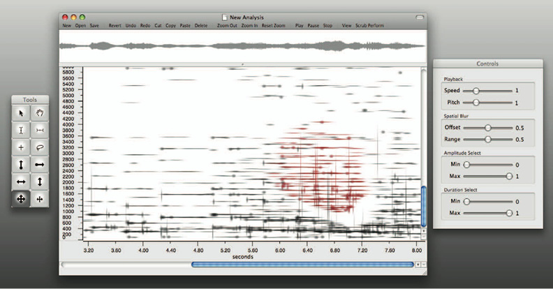 A computer screen shows an audio analysis software window with multiple tools and adjustment sliders. The central graph displays audio frequencies over time with a notable red-highlighted section. Controls on the right adjust playback, speed, pitch, and other settings.