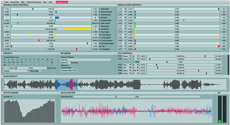 The image displays a complex audio software interface with sections labeled Granulation Controls, Modulation Controls, Presets, Recorder, LFO Controls, Scan Display, Active Grains, Oscilloscope, and VU. The interface includes various sliders, buttons, and graphical waveforms.