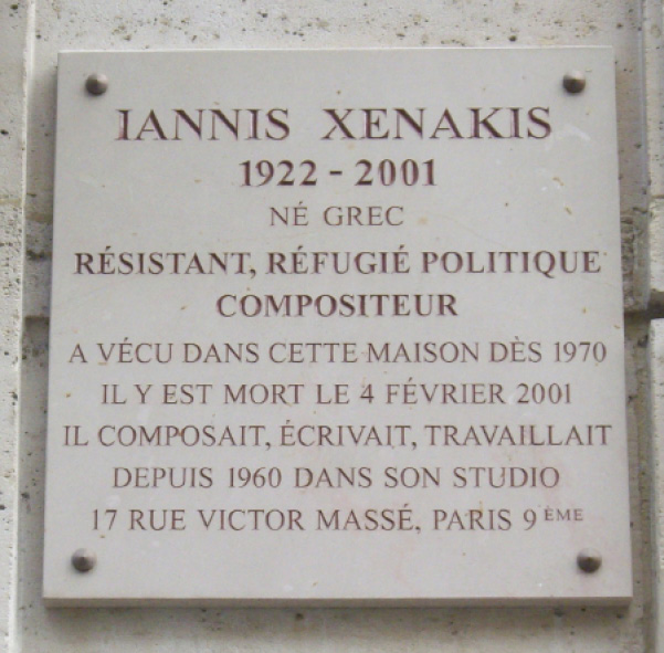 A commemorative plaque honoring Iannis Xenakis, 1922-2001, a Greek-born composer, political refugee, and member of the resistance. It notes his residence at 17 Rue Victor Massé, Paris 9th, from 1970 until his death on February 4, 2001.