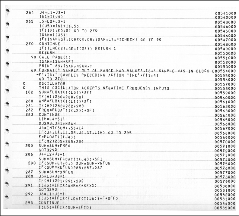 A printed sheet of code written in the Music V programming language. The code includes lines with labels, instructions, and memory addresses or data references. Each line begins with a unique number identifier.