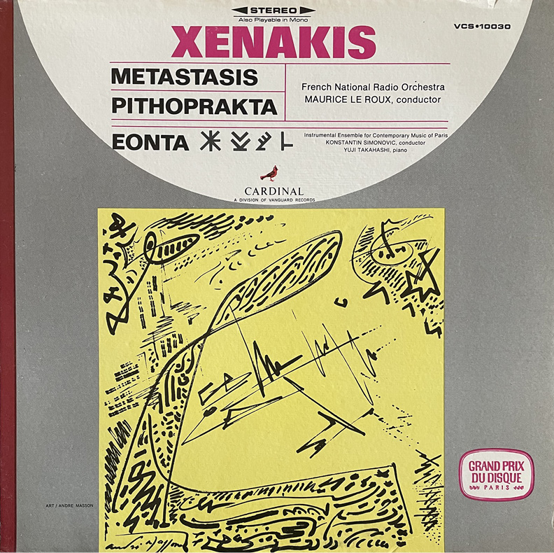 Album cover titled “Xenakis - Metastasis, Pithoprakta, Eonta” by the French National Radio Orchestra, conducted by Maurice Le Roux. The cover features abstract yellow and black artwork with musical notation and geometric shapes.